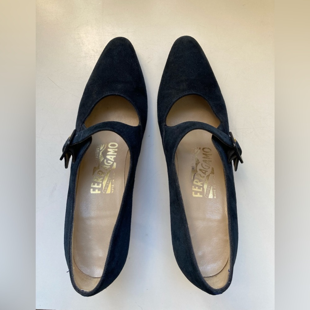 VTG Navy Suede Ferragamo Mary Janes